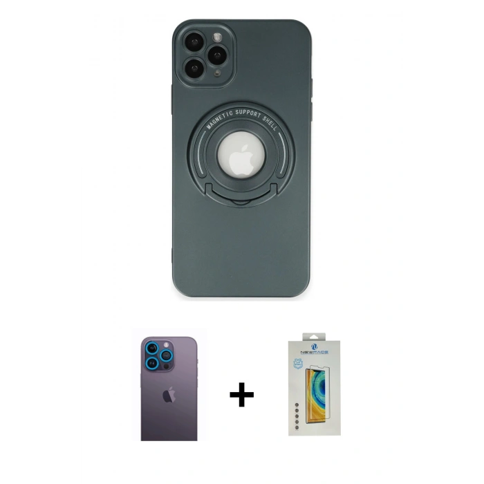 MARSİLYAN™- iPhone 12 Pro Kılıf Eksen Klasik Prime - Siyah Polymer Nano Ekran Koruyucu + Neon Fosforlu Kamera Lens - MI