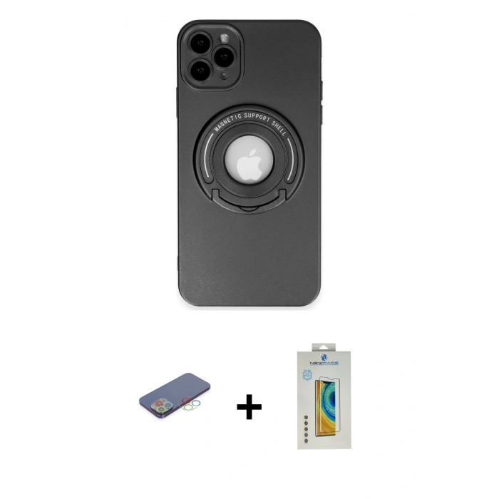 MARSİLYAN™- iPhone 12 Pro Kılıf Eksen Klasik Prime - Siyah Polymer Nano Ekran Koruyucu + Mavi Renkli Kamera Lens Koruma Cam