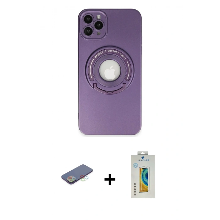 MARSİLYAN™- iPhone 12 Pro Kılıf Eksen Klasik Prime - Siyah Polymer Nano Ekran Koruyucu + Mavi Renkli Kamera Lens Koruma Cam