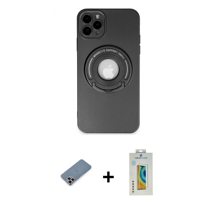 MARSİLYAN™- iPhone 12 Pro Kılıf Eksen Klasik Prime - Siyah Polymer Nano Ekran Koruyucu + Metal Kamera Lens Koruma Cam - MR
