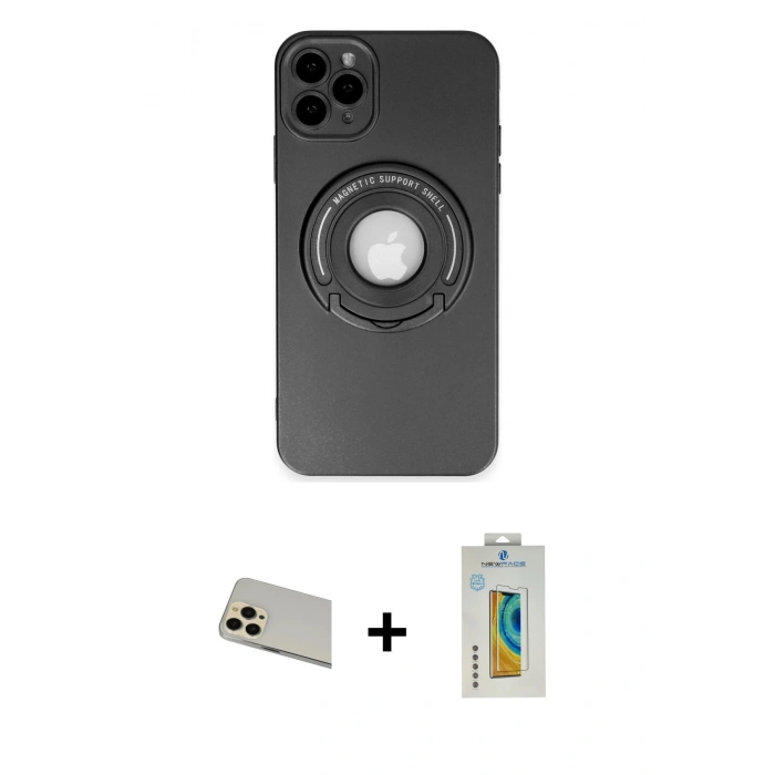 MARSİLYAN™- iPhone 12 Pro Kılıf Eksen Klasik Prime - Siyah Polymer Nano Ekran Koruyucu + Rainbow Kamera Lens Koruma Cam - GD