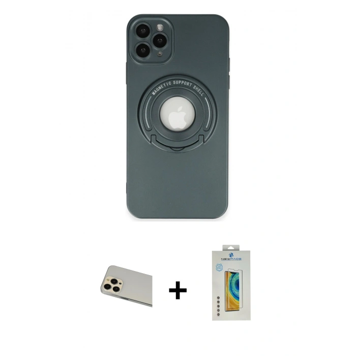 MARSİLYAN™- iPhone 12 Pro Kılıf Eksen Klasik Prime - Siyah Polymer Nano Ekran Koruyucu + Rainbow Kamera Lens Koruma Cam - GD