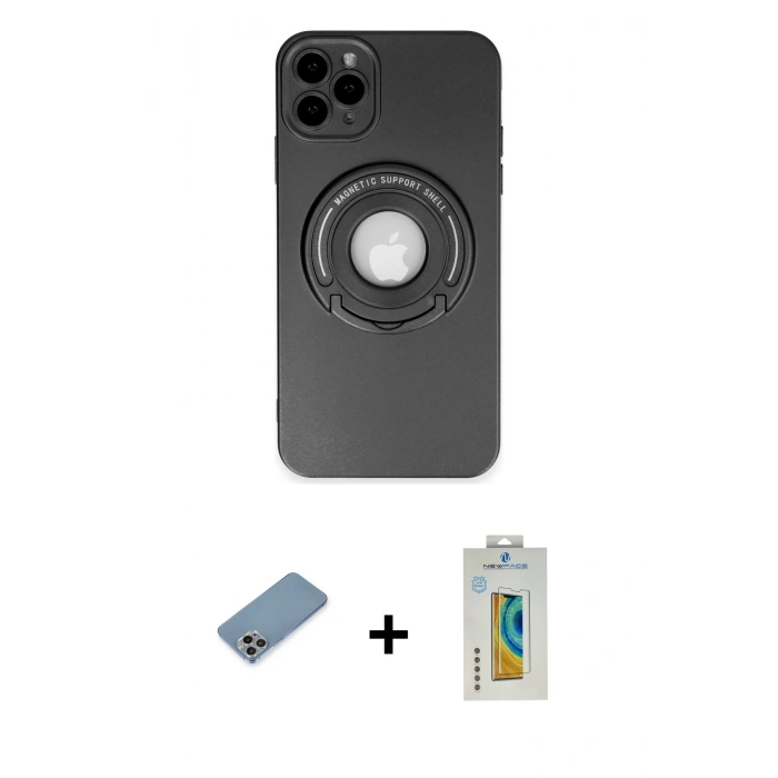 MARSİLYAN™- iPhone 12 Pro Kılıf Eksen Klasik Prime - Siyah Polymer Nano Ekran Koruyucu + Shine Kamera Lens Koruma Cam - GI