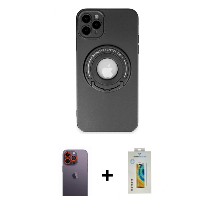MARSİLYAN™- iPhone 12 Pro Kılıf Eksen Klasik Prime - Siyah Polymer Nano Ekran Koruyucu + Neon Fosforlu Kamera Lens - TU