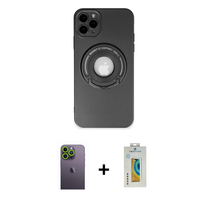 MARSİLYAN™- iPhone 12 Pro Kılıf Eksen Klasik Prime - Siyah Polymer Nano Ekran Koruyucu + Neon Fosforlu Kamera Lens - YL