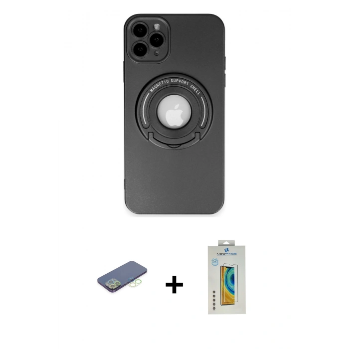 MARSİLYAN™- iPhone 12 Pro Kılıf Eksen Klasik Prime - Siyah Polymer Nano Ekran Koruyucu + Renkli Kamera Lens Koruma Cam - YL
