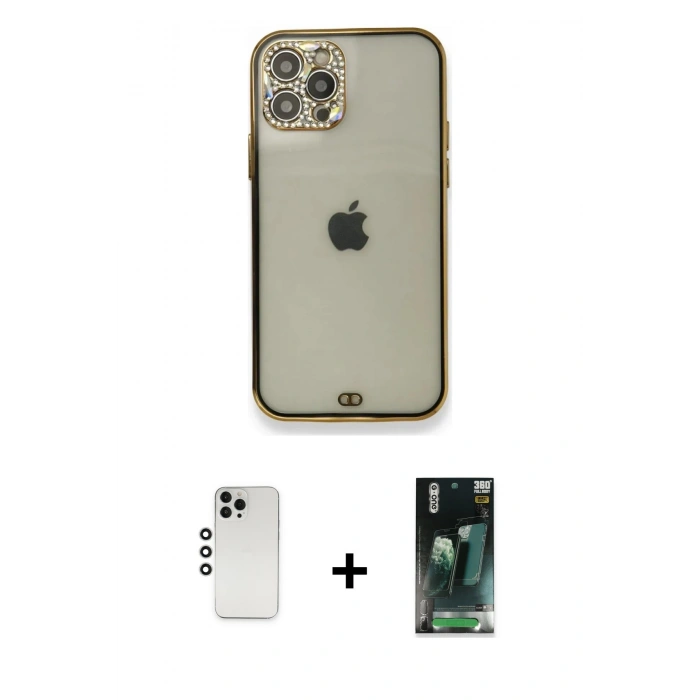 MARSİLYAN™- iPhone 12 Pro Kılıf Eksen Minimal Koleksiyonu - Şeffaf 360 Full Body Arka Koruyucu + Shine Kamera Lens - GS