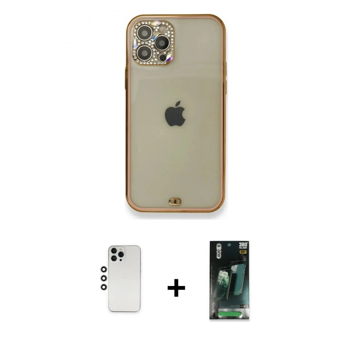 MARSİLYAN™- iPhone 12 Pro Kılıf Eksen Minimal Koleksiyonu - Şeffaf 360 Full Body Arka Koruyucu + Shine Kamera Lens - GS