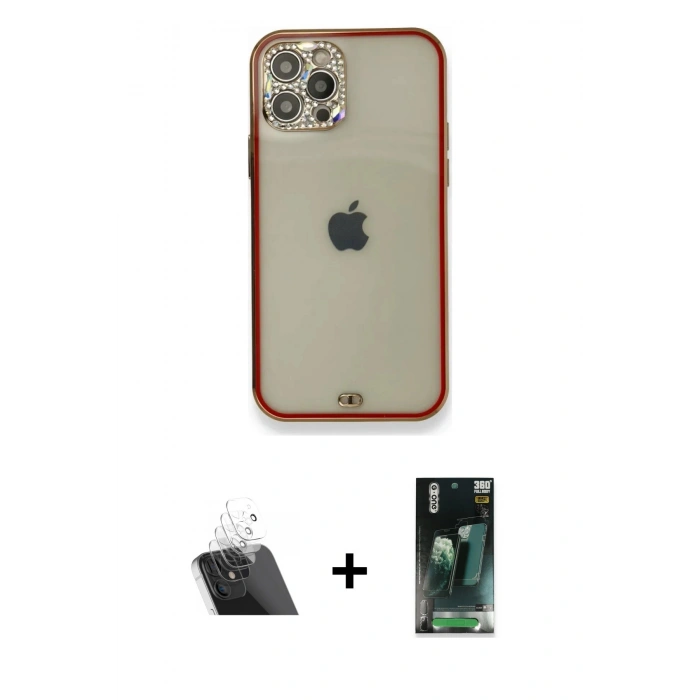 MARSİLYAN™- iPhone 12 Pro Kılıf Eksen Minimal Koleksiyonu - Şeffaf 360 Full Body Arka Koruyucu + Kamera Lens Koruma Cam - SF