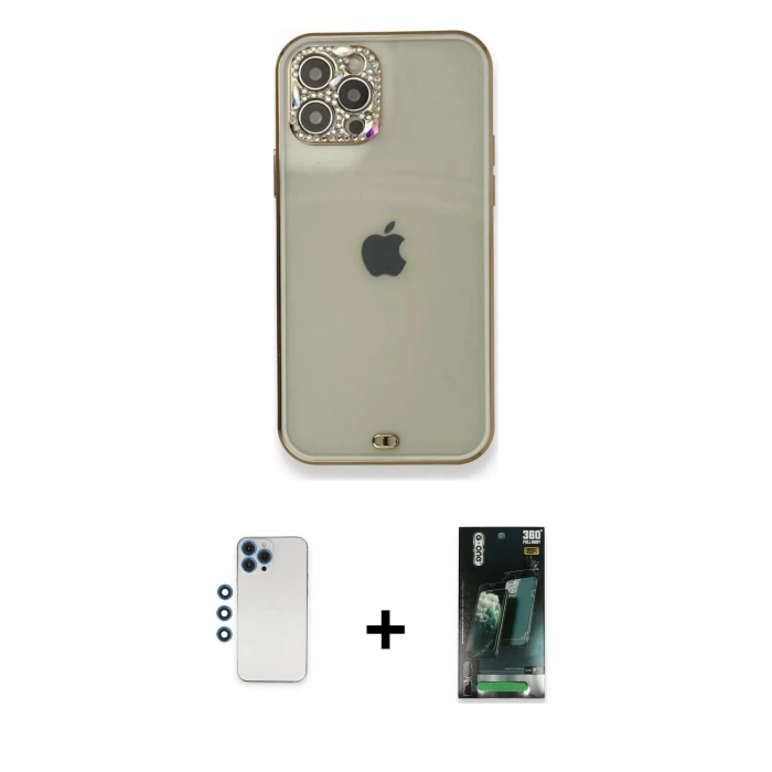 MARSİLYAN™- iPhone 12 Pro Kılıf Eksen Minimal Koleksiyonu - Şeffaf 360 Full Body Arka Koruyucu + Shine Kamera Lens - MI