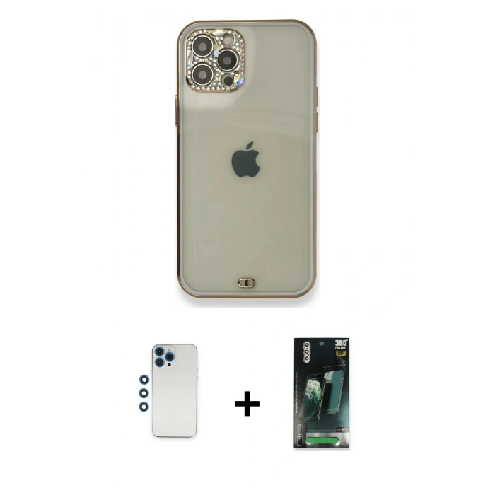 MARSİLYAN™- iPhone 12 Pro Kılıf Eksen Minimal Koleksiyonu - Şeffaf 360 Full Body Arka Koruyucu + Shine Kamera Lens - MI