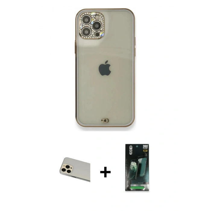 MARSİLYAN™- iPhone 12 Pro Kılıf Eksen Minimal Koleksiyonu - Şeffaf 360 Full Body Arka Koruyucu + Rainbow Kamera Lens Koruma Cam - GD