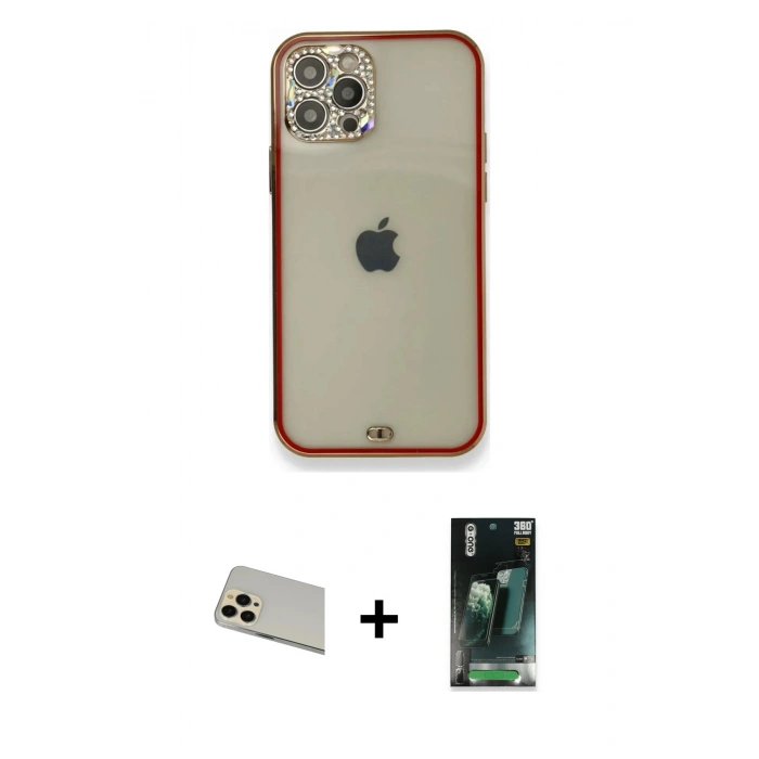 MARSİLYAN™- iPhone 12 Pro Kılıf Eksen Minimal Koleksiyonu - Şeffaf 360 Full Body Arka Koruyucu + Rainbow Kamera Lens Koruma Cam - GD