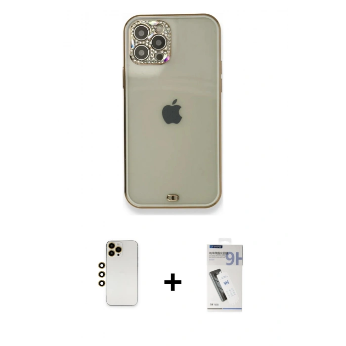 MARSİLYAN™- iPhone 12 Pro Kılıf Eksen Minimal Koleksiyonu - Şeffaf Uv Polymer Nano Ekran Koruyucu + Shine Kamera Lens - GD