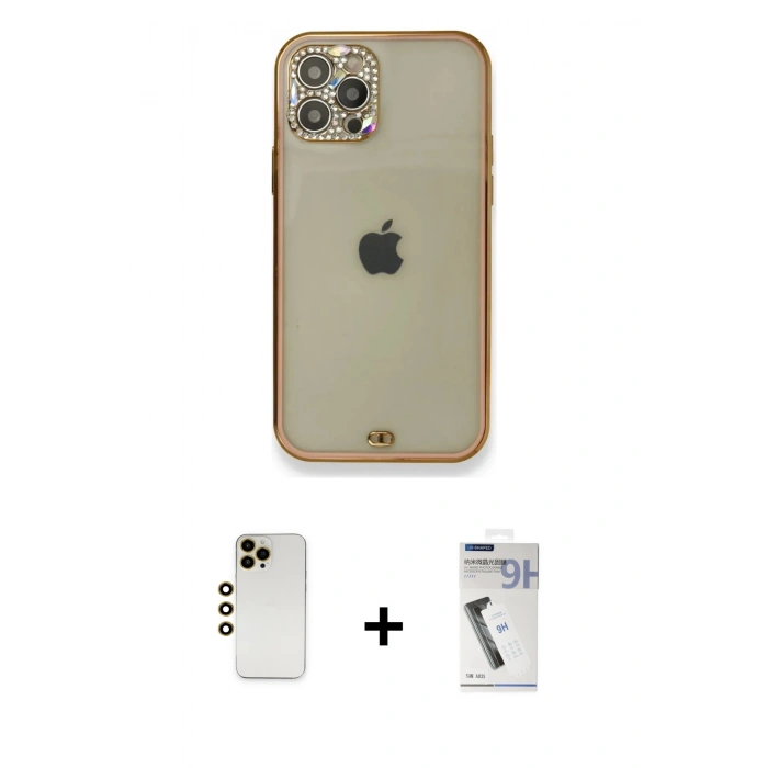 MARSİLYAN™- iPhone 12 Pro Kılıf Eksen Minimal Koleksiyonu - Şeffaf Uv Polymer Nano Ekran Koruyucu + Shine Kamera Lens - GD