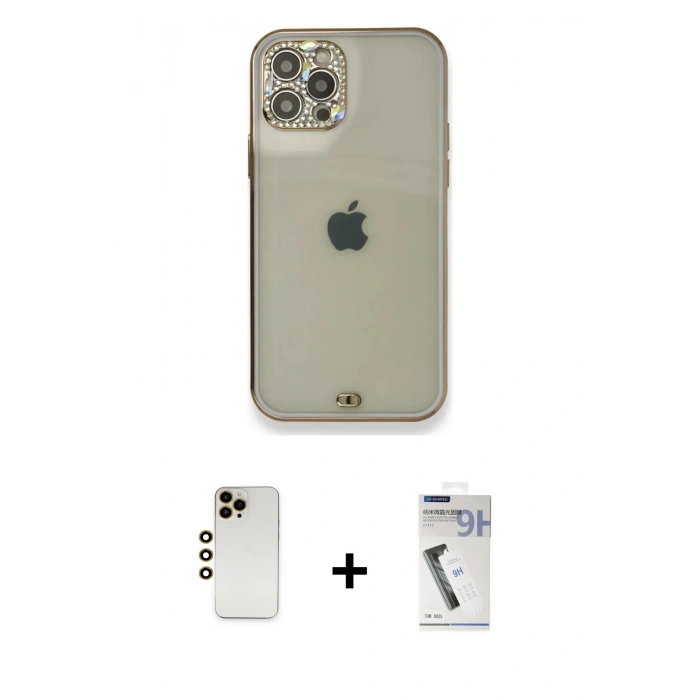 MARSİLYAN™- iPhone 12 Pro Kılıf Eksen Minimal Koleksiyonu - Şeffaf Uv Polymer Nano Ekran Koruyucu + Shine Kamera Lens - GD
