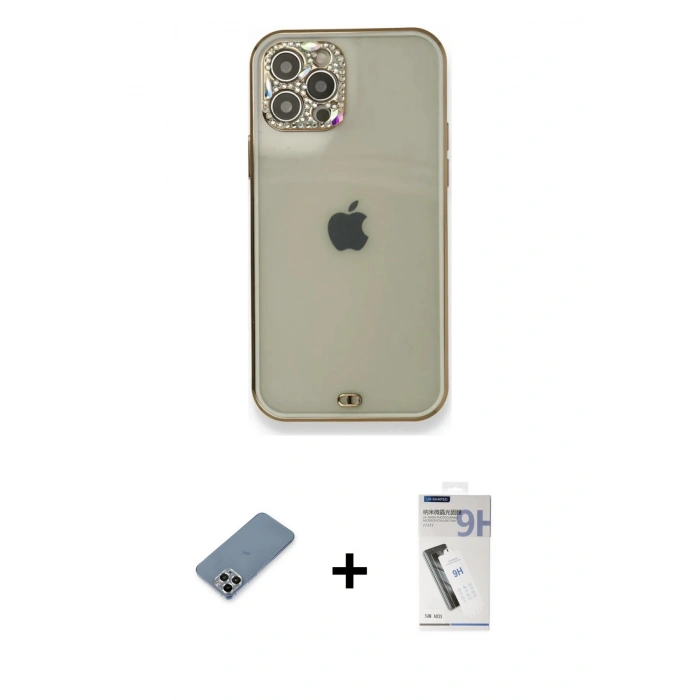 MARSİLYAN™- iPhone 12 Pro Kılıf Eksen Minimal Koleksiyonu - Şeffaf Uv Polymer Nano Ekran Koruyucu + Gümüş Metal Kamera Lens Koruma Cam