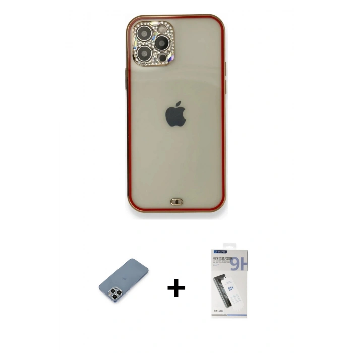 MARSİLYAN™- iPhone 12 Pro Kılıf Eksen Minimal Koleksiyonu - Şeffaf Uv Polymer Nano Ekran Koruyucu + Gümüş Metal Kamera Lens Koruma Cam