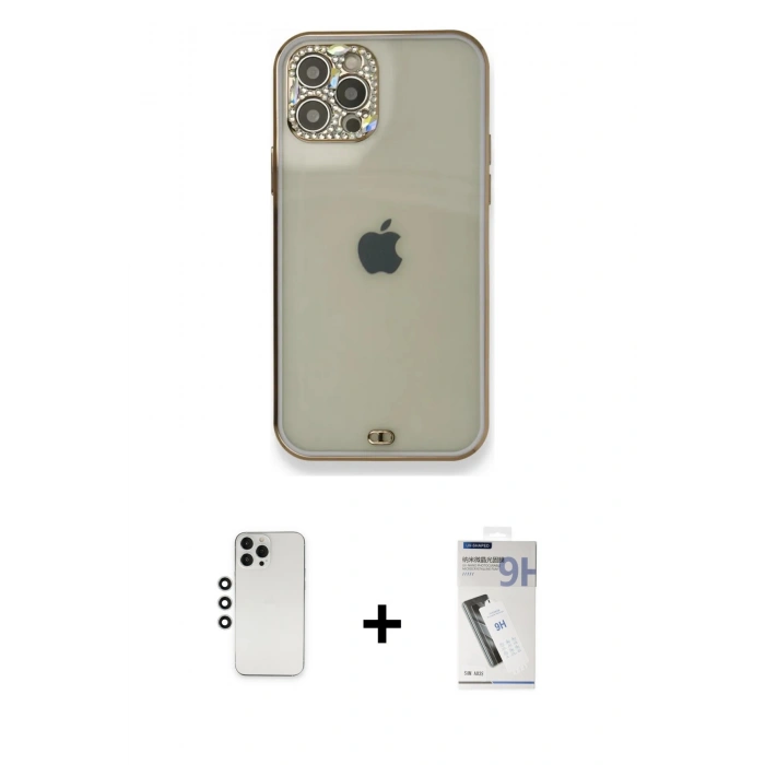 MARSİLYAN™- iPhone 12 Pro Kılıf Eksen Minimal Koleksiyonu - Şeffaf Uv Polymer Nano Ekran Koruyucu + Shine Kamera Lens - GS