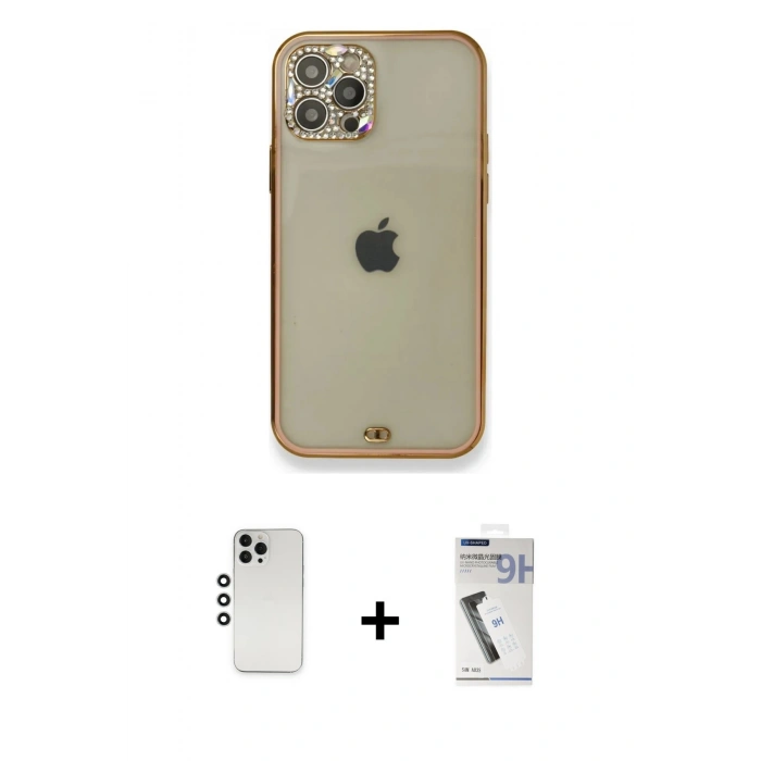 MARSİLYAN™- iPhone 12 Pro Kılıf Eksen Minimal Koleksiyonu - Şeffaf Uv Polymer Nano Ekran Koruyucu + Shine Kamera Lens - GS