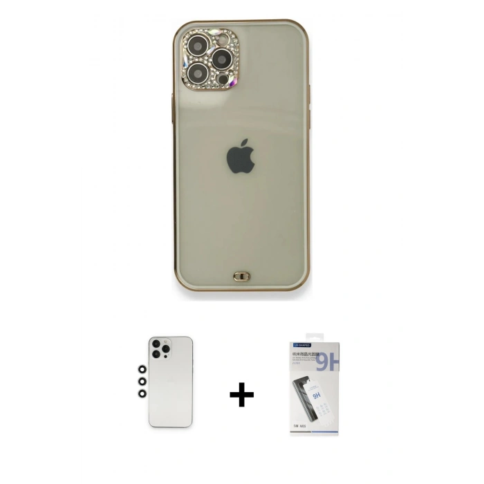 MARSİLYAN™- iPhone 12 Pro Kılıf Eksen Minimal Koleksiyonu - Şeffaf Uv Polymer Nano Ekran Koruyucu + Shine Kamera Lens - GS