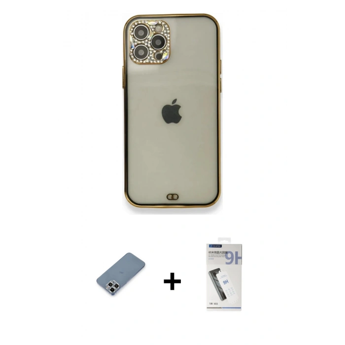 MARSİLYAN™- iPhone 12 Pro Kılıf Eksen Minimal Koleksiyonu - Şeffaf Uv Polymer Nano Ekran Koruyucu + Gümüş Metal Kamera Lens Koruma Cam