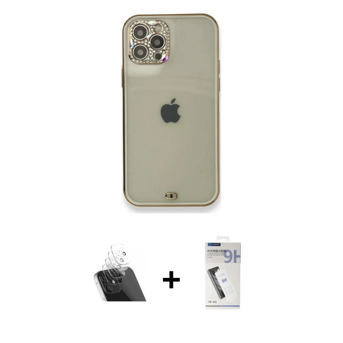 MARSİLYAN™- iPhone 12 Pro Kılıf Eksen Minimal Koleksiyonu - Şeffaf Uv Polymer Nano Ekran Koruyucu + Kamera Lens Koruma Cam - SF