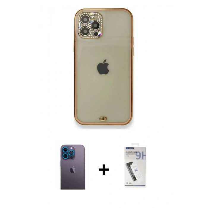 MARSİLYAN™- iPhone 12 Pro Kılıf Eksen Minimal Koleksiyonu - Şeffaf Uv Polymer Nano Ekran Koruyucu + Neon Fosforlu Kamera Lens - MI