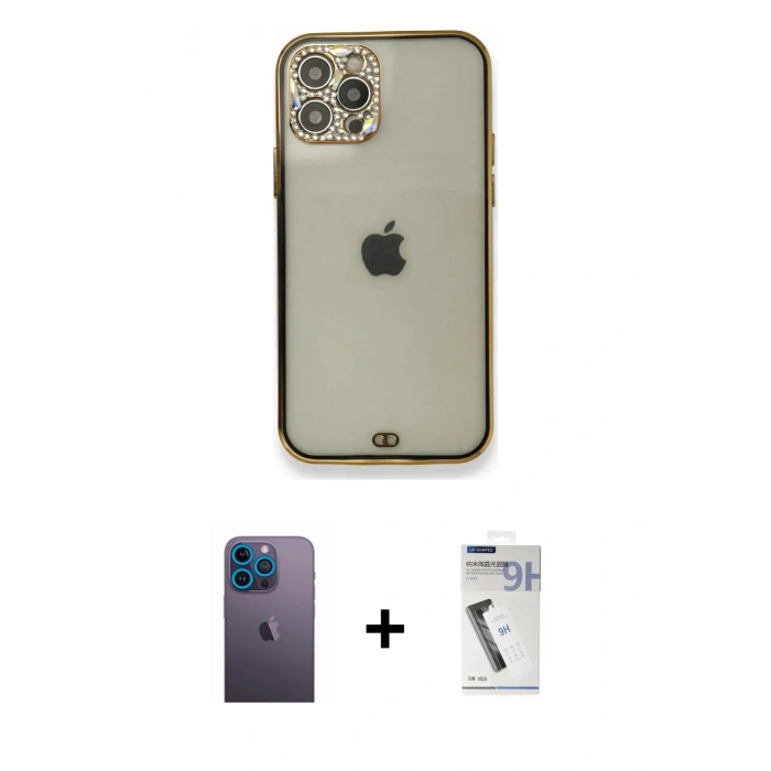 MARSİLYAN™- iPhone 12 Pro Kılıf Eksen Minimal Koleksiyonu - Şeffaf Uv Polymer Nano Ekran Koruyucu + Neon Fosforlu Kamera Lens - MI