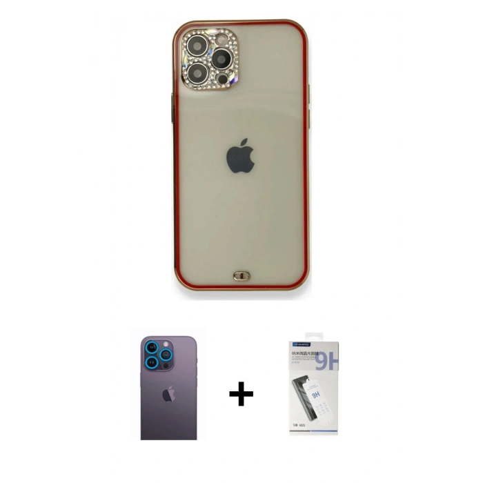 MARSİLYAN™- iPhone 12 Pro Kılıf Eksen Minimal Koleksiyonu - Şeffaf Uv Polymer Nano Ekran Koruyucu + Neon Fosforlu Kamera Lens - MI