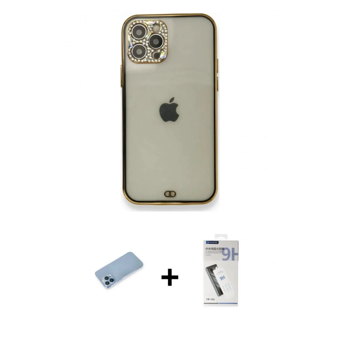 MARSİLYAN™- iPhone 12 Pro Kılıf Eksen Minimal Koleksiyonu - Şeffaf Uv Polymer Nano Ekran Koruyucu + Shine Kamera Lens Koruma Cam - MI