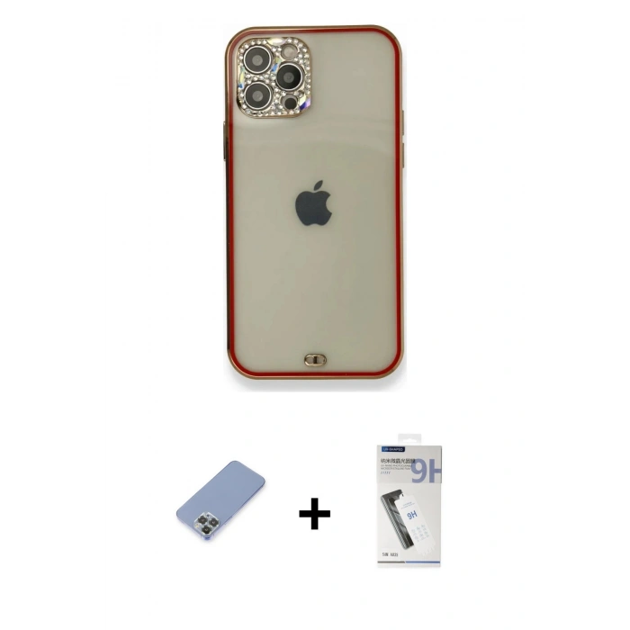 MARSİLYAN™- iPhone 12 Pro Kılıf Eksen Minimal Koleksiyonu - Şeffaf Uv Polymer Nano Ekran Koruyucu + Metal Kamera Lens Koruma Cam - KUYL