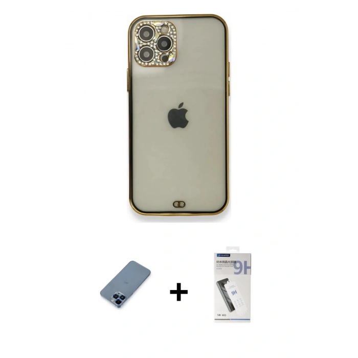 MARSİLYAN™- iPhone 12 Pro Kılıf Eksen Minimal Koleksiyonu - Şeffaf Uv Polymer Nano Ekran Koruyucu + Metal Kamera Lens Koruma Cam - MI