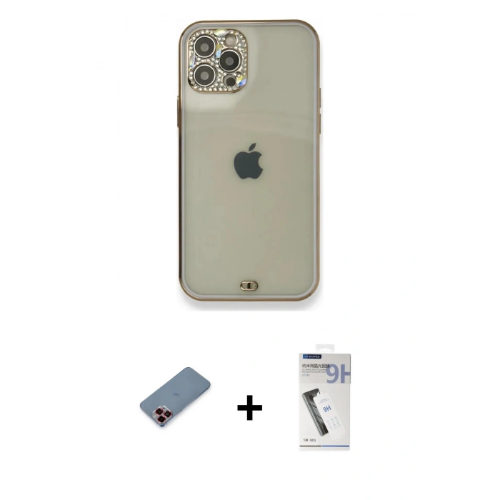 MARSİLYAN™- iPhone 12 Pro Kılıf Eksen Minimal Koleksiyonu - Şeffaf Uv Polymer Nano Ekran Koruyucu + Metal Kamera Lens Koruma Cam - KI