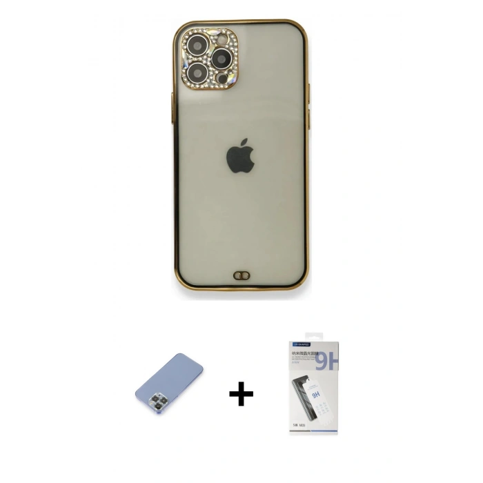 MARSİLYAN™- iPhone 12 Pro Kılıf Eksen Minimal Koleksiyonu - Şeffaf Uv Polymer Nano Ekran Koruyucu + Metal Kamera Lens Koruma Cam - KUYL