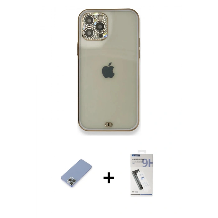 MARSİLYAN™- iPhone 12 Pro Kılıf Eksen Minimal Koleksiyonu - Şeffaf Uv Polymer Nano Ekran Koruyucu + Metal Kamera Lens Koruma Cam - KUYL