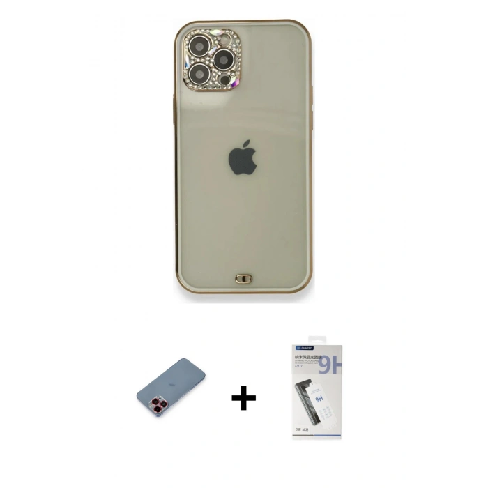 MARSİLYAN™- iPhone 12 Pro Kılıf Eksen Minimal Koleksiyonu - Şeffaf Uv Polymer Nano Ekran Koruyucu + Metal Kamera Lens Koruma Cam - KI
