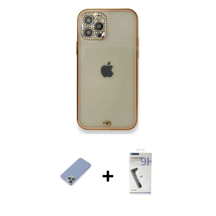 MARSİLYAN™- iPhone 12 Pro Kılıf Eksen Minimal Koleksiyonu - Şeffaf Uv Polymer Nano Ekran Koruyucu + Metal Kamera Lens Koruma Cam - KUYL