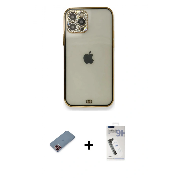 MARSİLYAN™- iPhone 12 Pro Kılıf Eksen Minimal Koleksiyonu - Şeffaf Uv Polymer Nano Ekran Koruyucu + Metal Kamera Lens Koruma Cam - KI