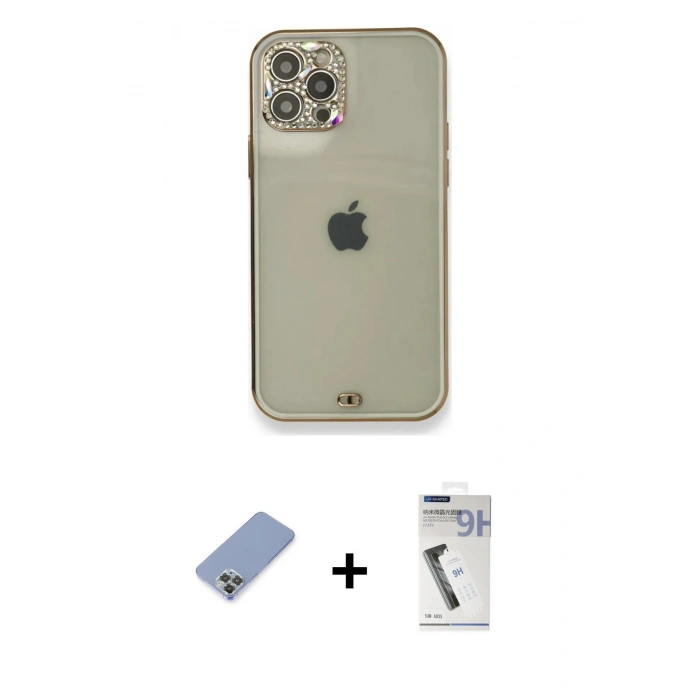 MARSİLYAN™- iPhone 12 Pro Kılıf Eksen Minimal Koleksiyonu - Şeffaf Uv Polymer Nano Ekran Koruyucu + Metal Kamera Lens Koruma Cam - KUYL