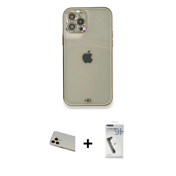 MARSİLYAN™- iPhone 12 Pro Kılıf Eksen Minimal Koleksiyonu - Şeffaf Uv Polymer Nano Ekran Koruyucu + Rainbow Kamera Lens Koruma Cam - GD