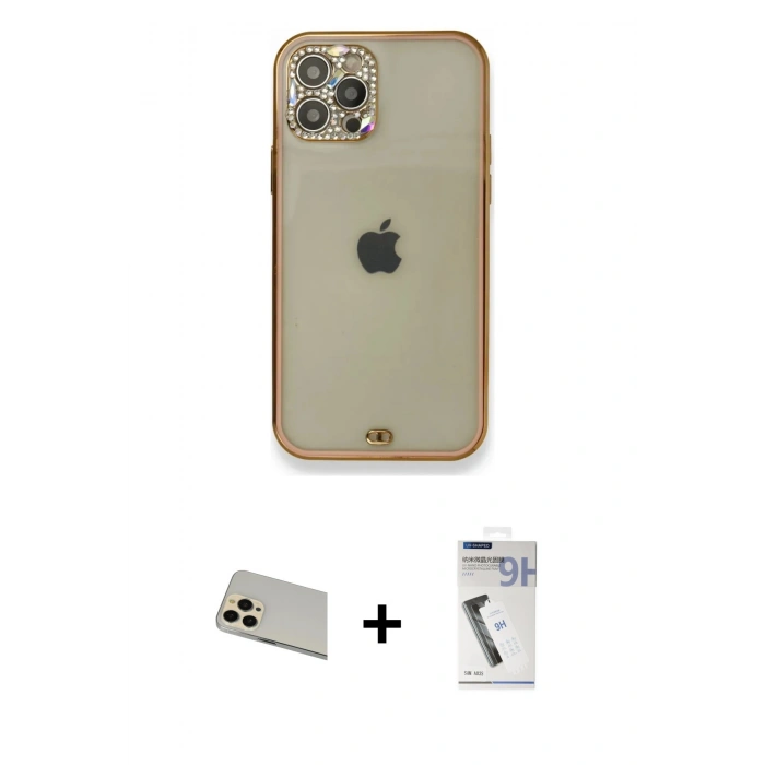 MARSİLYAN™- iPhone 12 Pro Kılıf Eksen Minimal Koleksiyonu - Şeffaf Uv Polymer Nano Ekran Koruyucu + Rainbow Kamera Lens Koruma Cam - GD