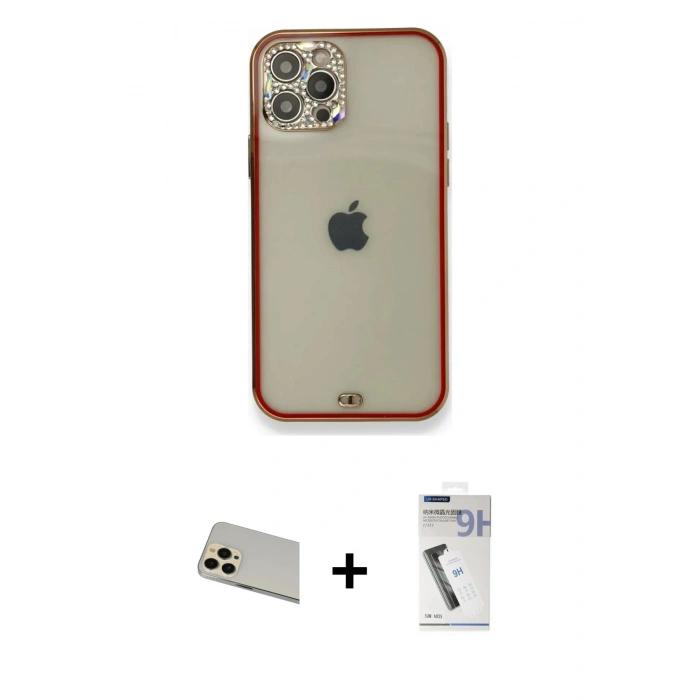 MARSİLYAN™- iPhone 12 Pro Kılıf Eksen Minimal Koleksiyonu - Şeffaf Uv Polymer Nano Ekran Koruyucu + Rainbow Kamera Lens Koruma Cam - GD