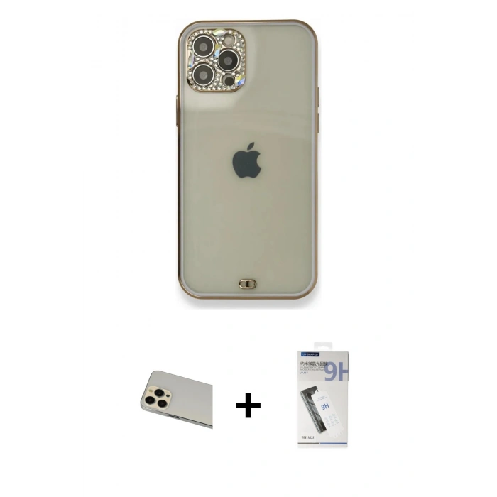 MARSİLYAN™- iPhone 12 Pro Kılıf Eksen Minimal Koleksiyonu - Şeffaf Uv Polymer Nano Ekran Koruyucu + Rainbow Kamera Lens Koruma Cam - GD