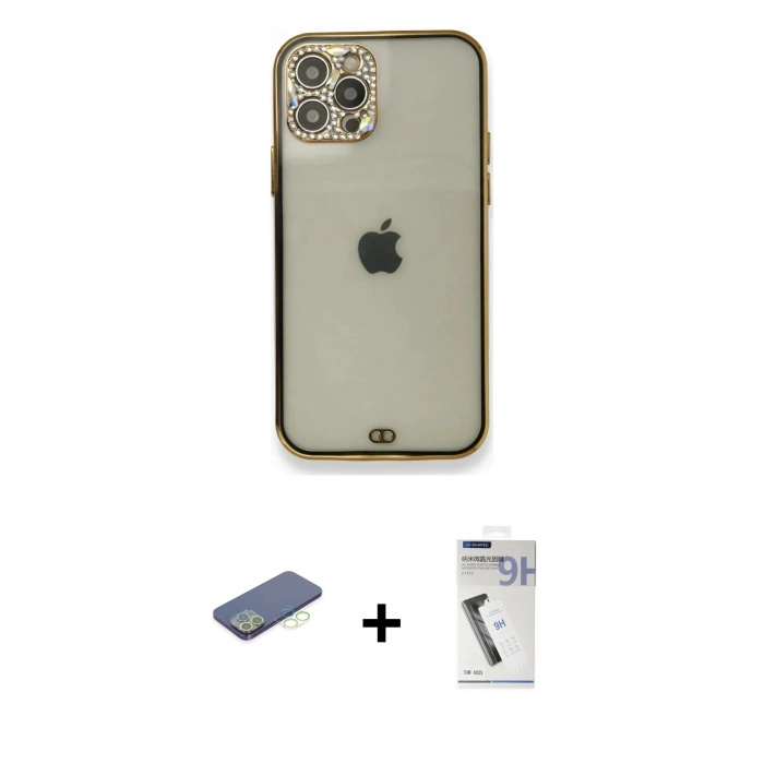 MARSİLYAN™- iPhone 12 Pro Kılıf Eksen Minimal Koleksiyonu - Şeffaf Uv Polymer Nano Ekran Koruyucu + Renkli Kamera Lens Koruma Cam - YL