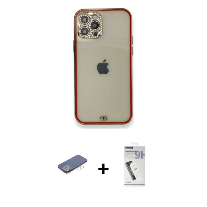 MARSİLYAN™- iPhone 12 Pro Kılıf Eksen Minimal Koleksiyonu - Şeffaf Uv Polymer Nano Ekran Koruyucu + Renkli Kamera Lens Koruma Cam - YL