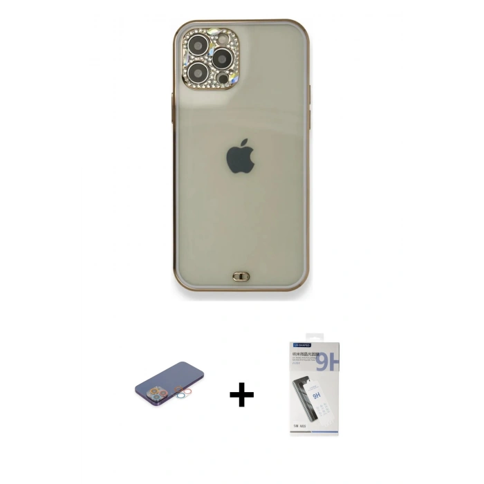 MARSİLYAN™- iPhone 12 Pro Kılıf Eksen Minimal Koleksiyonu - Şeffaf Uv Polymer Nano Ekran Koruyucu + Renkli Kamera Lens Koruma Cam - PE