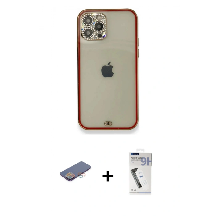 MARSİLYAN™- iPhone 12 Pro Kılıf Eksen Minimal Koleksiyonu - Şeffaf Uv Polymer Nano Ekran Koruyucu + Renkli Kamera Lens Koruma Cam - PE