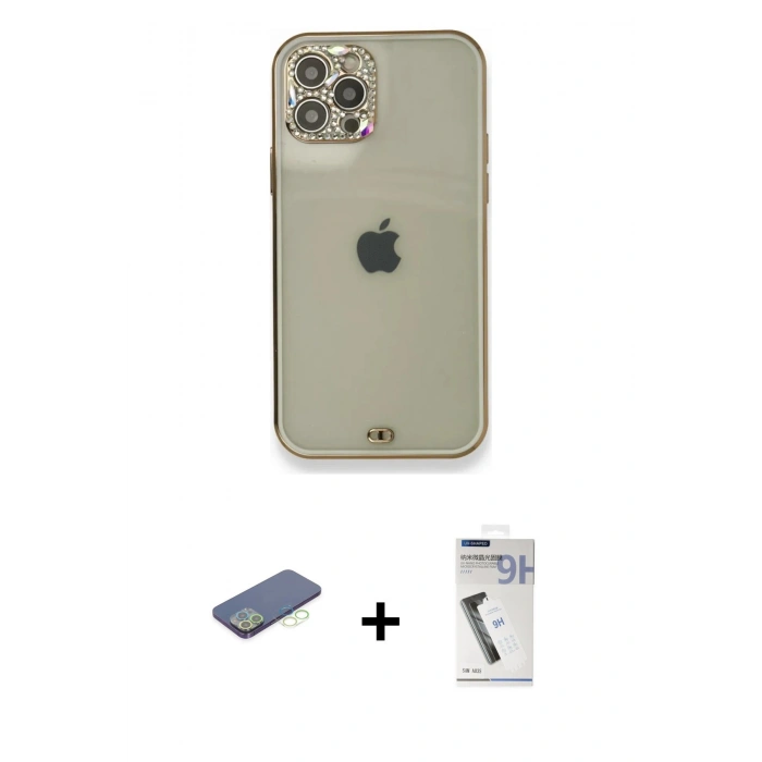 MARSİLYAN™- iPhone 12 Pro Kılıf Eksen Minimal Koleksiyonu - Şeffaf Uv Polymer Nano Ekran Koruyucu + Renkli Kamera Lens Koruma Cam - YL