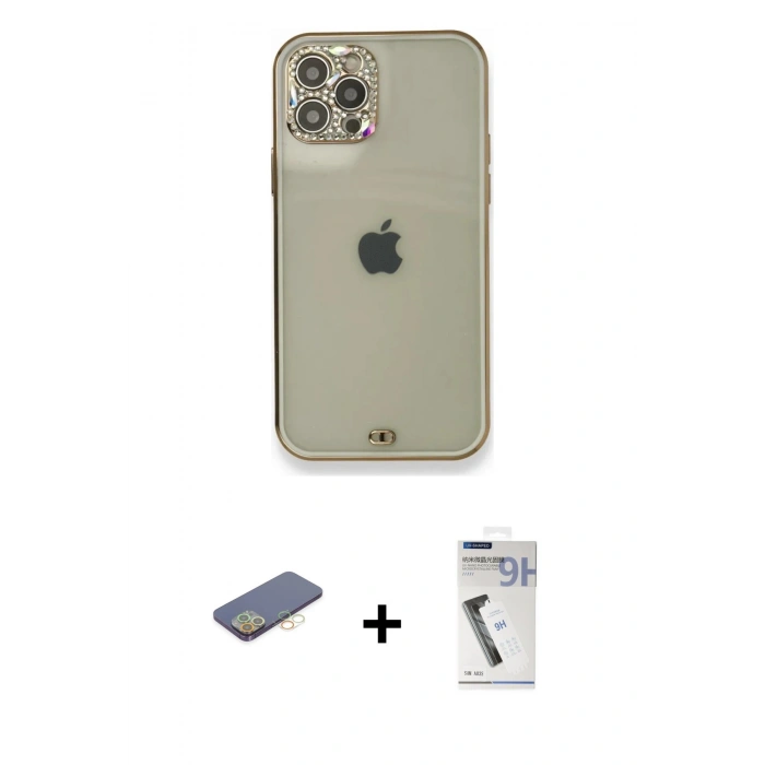 MARSİLYAN™- iPhone 12 Pro Kılıf Eksen Minimal Koleksiyonu - Şeffaf Uv Polymer Nano Ekran Koruyucu + Sarı Renkli Kamera Lens Koruma Cam